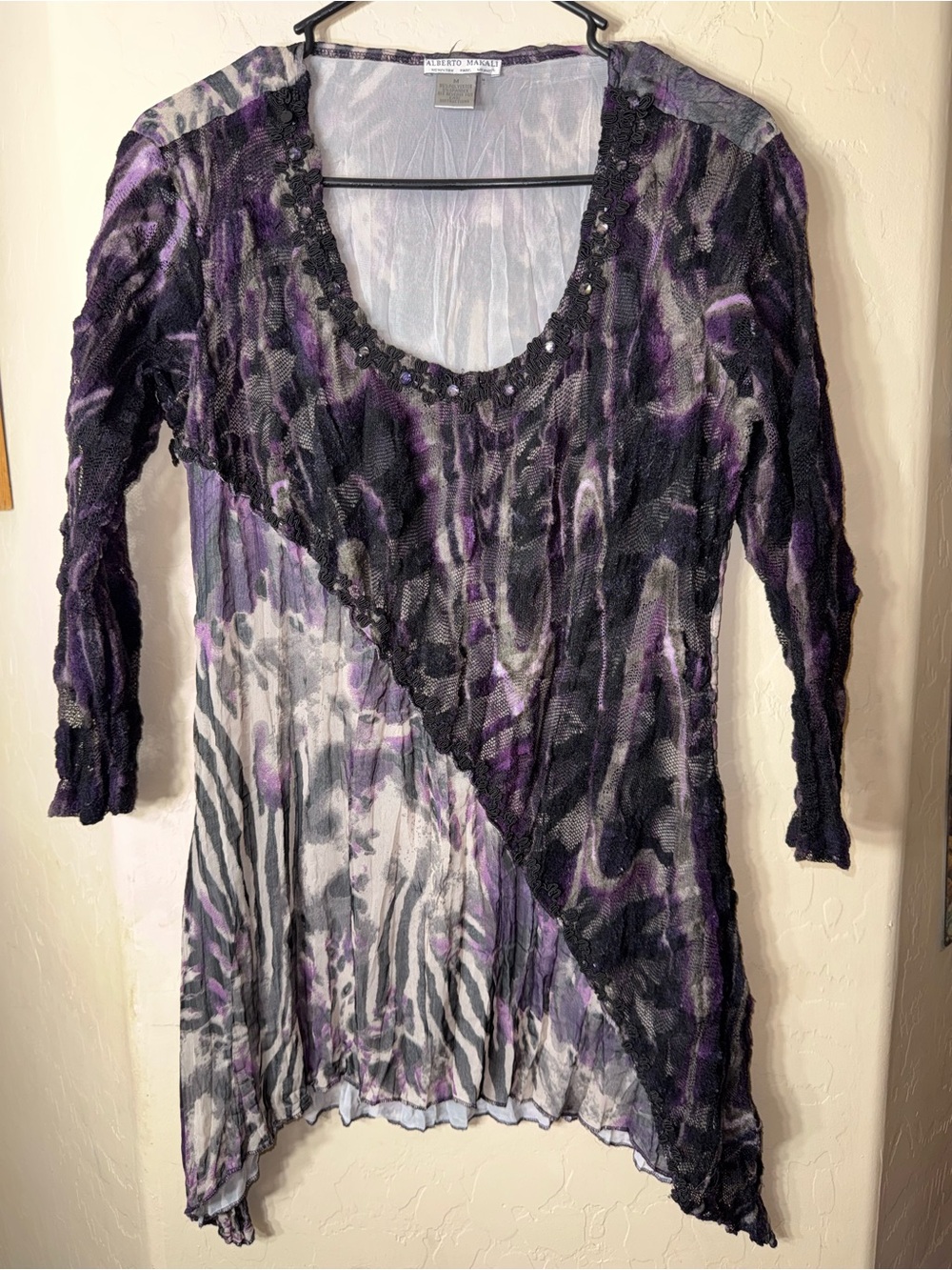 Alberto Makali Sheer Beaded Asymmetrical Mesh Tunic Top Purple Black Medium